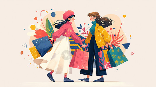 两个卡通女人手上拿着很多购物袋图片