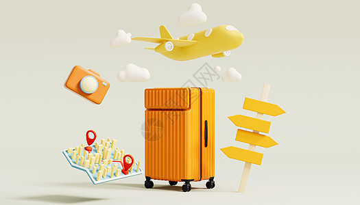 行李箱背景3D卡通旅行出游场景设计图片
