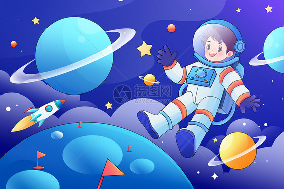 卡通可爱航天科技飞入太空插画图片