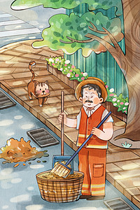 手绘水彩劳动节之环卫工人扫地场景插画高清图片