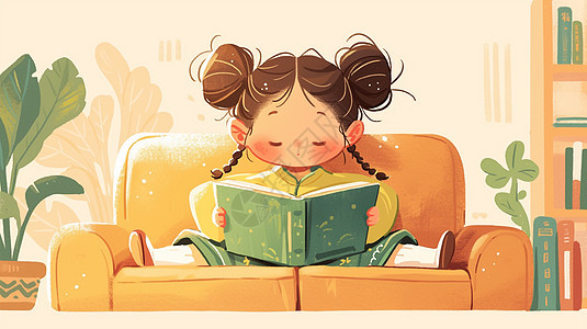 丸子头可爱的卡通小女孩在沙发上认真看书图片
