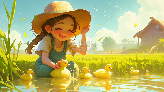 戴着草帽在田地间小河里与小鸭子一起玩耍的女孩图片