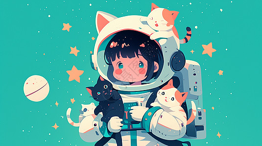 穿太空服的卡通女孩与宠物猫图片