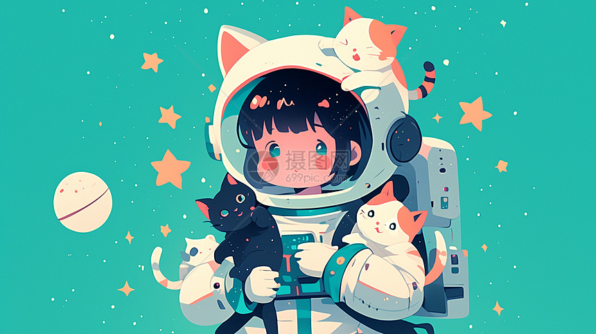 穿太空服的卡通女孩与宠物猫图片