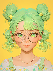 绿色头发时尚的卡通女孩图片