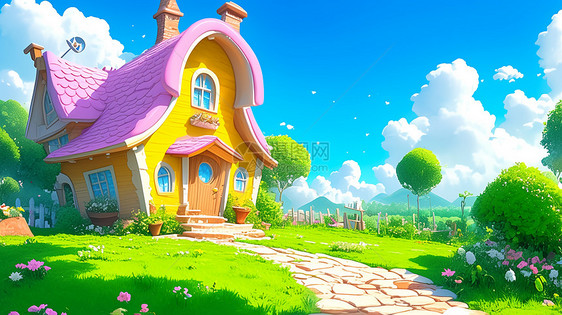 山坡上一座粉色屋顶可爱的卡通小房子图片