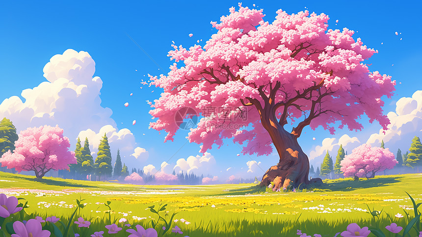 嫩绿色草地上一棵高大盛开的粉色桃花树图片