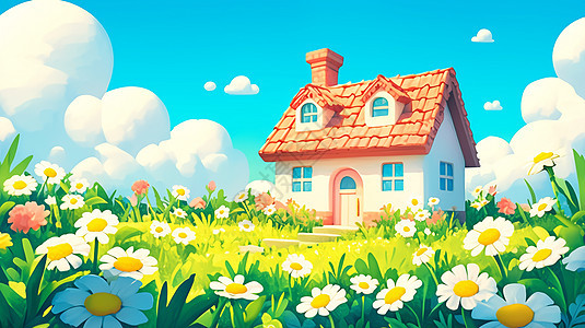 在草地上一座橙黄色屋顶可爱的卡通小房子图片