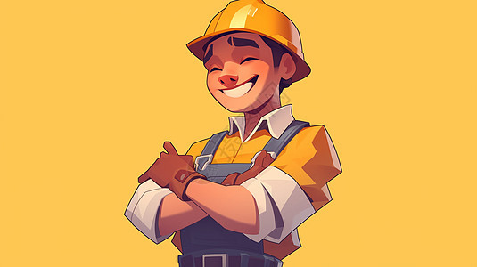 戴着黄色工人帽子开心笑的人物图片