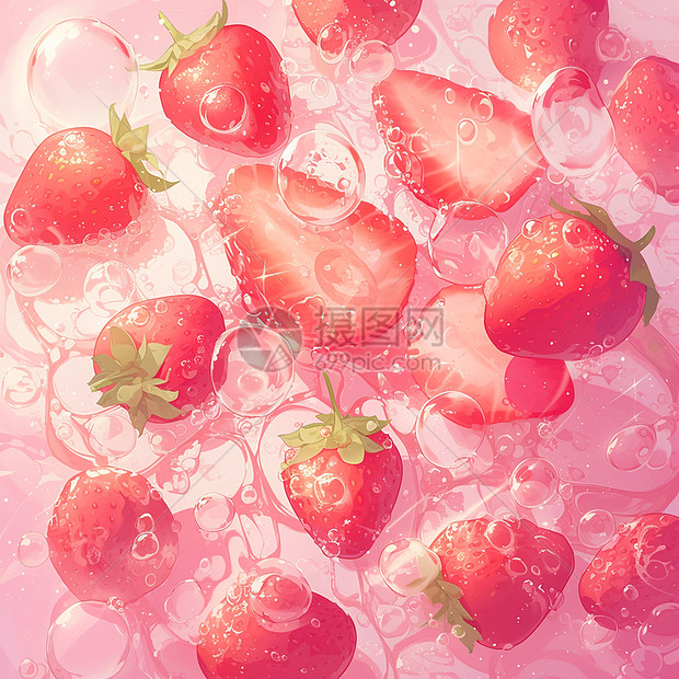 在水中红色诱人的美味草莓图片