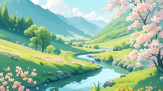 唯美的高山中流淌的小溪风景秀丽的卡通风景图片