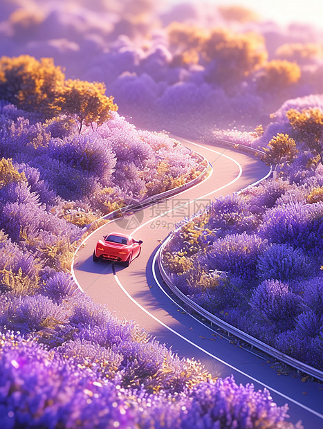 漫山遍野开满紫色花朵的山中一条蜿蜒的小路上行驶着一辆卡通小汽车图片