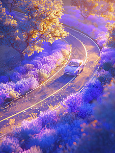漫山遍野开满紫色花朵的山中一条蜿蜒的小路上行驶着一辆卡通小汽车插画