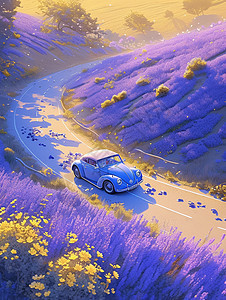 漫山遍野开满花朵的山中一条蜿蜒的小路上行驶着一辆卡通小汽车图片