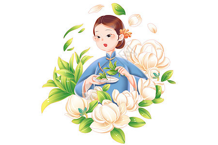 春季采茶女茉莉花茶中国茶文化插画图片
