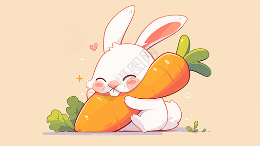 抱着橙色大大的胡萝卜的可爱卡通小白兔高清图片