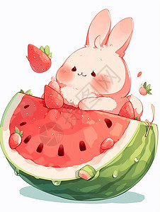 西瓜上的可爱卡通小白兔高清图片