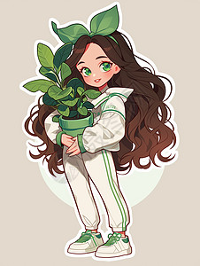 戴着绿色蝴蝶结的卡通小女孩抱着盆栽绿植图片