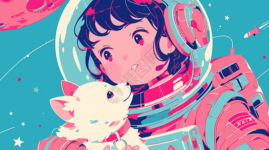穿着宇航服的卡通小女孩与她的宠物狗图片