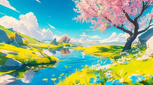 天空下一条蓝色唯美的小河旁一棵高大的粉色树图片