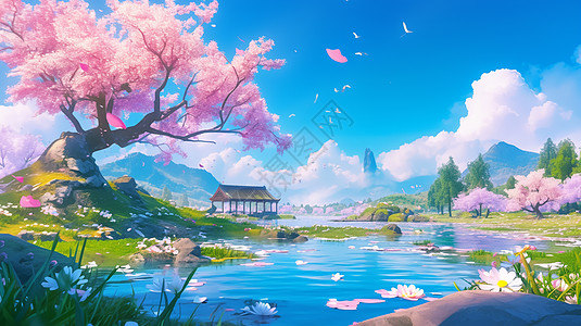 蓝蓝的天空下一条蓝色唯美的小河旁一棵高大的粉色树高清图片