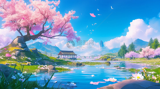蓝蓝的天空下一条蓝色唯美的小河旁一棵高大的粉色树图片