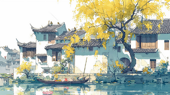 小河旁一座灰瓦白墙卡通小村庄江南古风插画图片