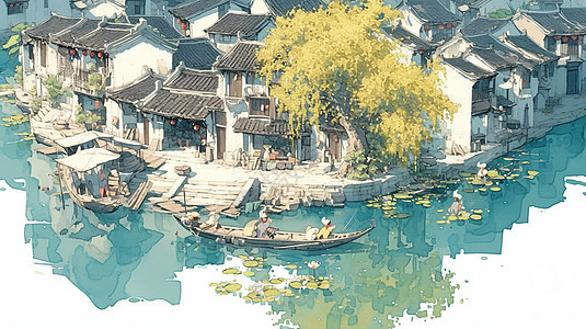 小河旁一座灰瓦白墙卡通小村庄古风插画图片