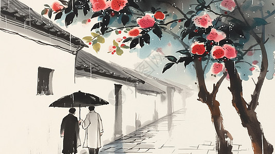 雨中两个打着雨伞的卡通人物背影走在村庄里胡同中图片