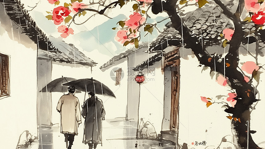 雨中两个打着雨伞的卡通人物走在村庄里胡同中图片