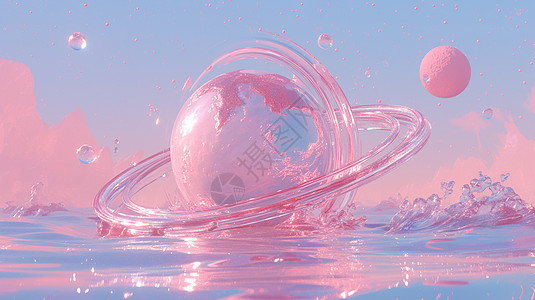 水中梦幻透明的粉色卡通星球图片