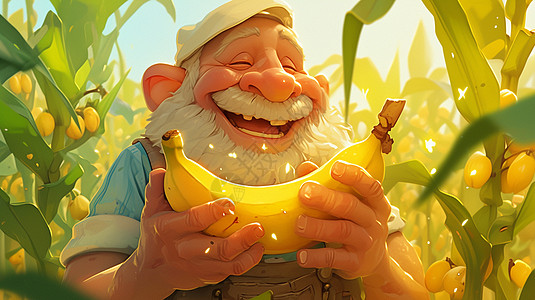 捧着香蕉的白胡子卡通老爷爷图片
