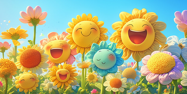 蓝天白云下开心笑的卡通太阳花图片