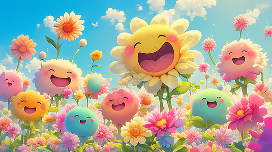 笑对蓝天白云下开心笑的太阳花插画