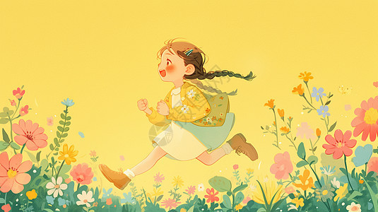 在花丛中开心奔跑的卡通小女孩图片