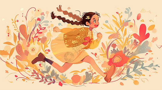 扎两个小辫子在花丛中开心奔跑的卡通小女孩图片