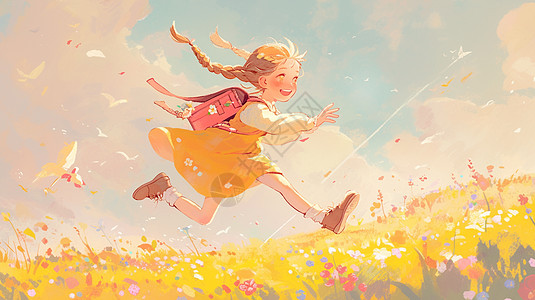 扎两个小辫子在花丛中开心奔跑的小女孩高清图片