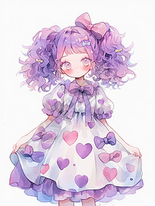 穿着爱心连衣裙的紫色卷发卡通小女孩图片