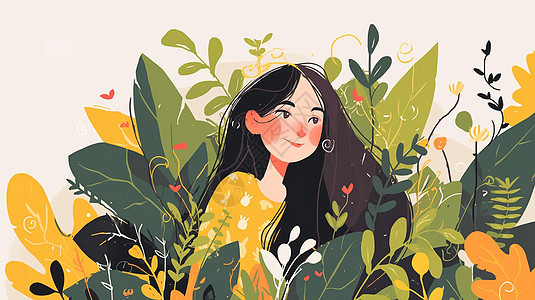 在绿植花丛中的扁平风长发卡通女孩图片