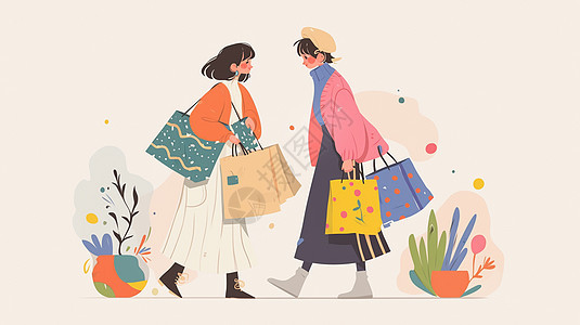 两个手提很多购物袋的卡通年轻女孩在一起逛街走路图片