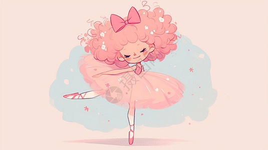 头戴着粉色蝴蝶结穿着粉色蓬蓬裙学舞蹈的卡通小女孩图片