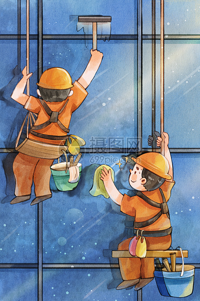 手绘水彩劳动节之高空作业工人擦玻璃场景插画图片