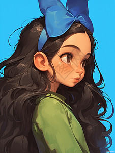 头顶着大大的蓝色蝴蝶结的可爱卡通小女孩图片