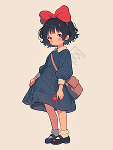 身穿连衣裙头戴红色蝴蝶结的可爱卡通小女孩图片