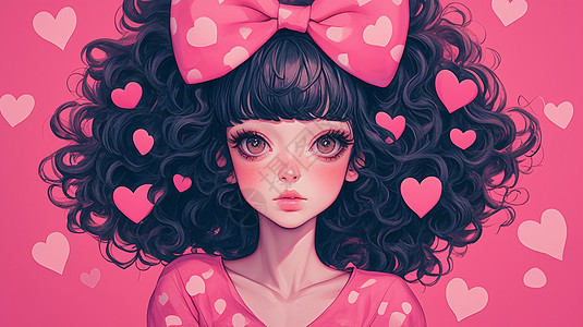 头上戴着粉色蝴蝶结的卷发可爱卡通小女孩身旁有很多爱心图片