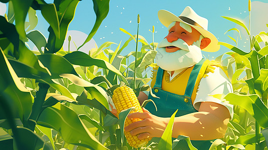 老头老太戴着草帽在玉米地中的卡通老伯伯插画