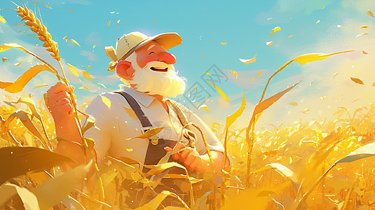麦子地中的白胡子卡通农民伯伯图片