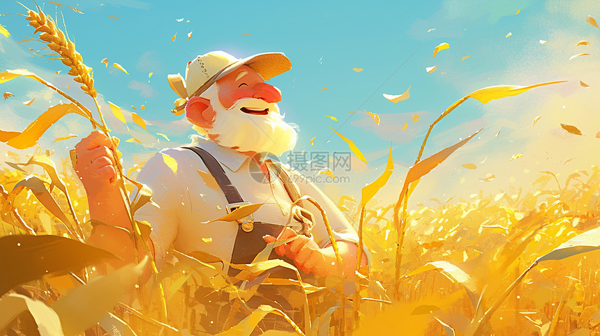 麦子地中的白胡子卡通农民伯伯图片