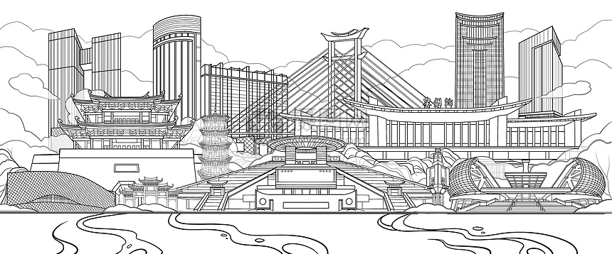 国潮风福建泉州地标古建筑现代大厦场景线稿插画图片