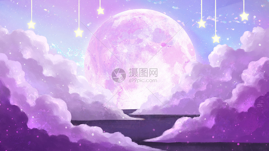 紫色星空下的月亮图片